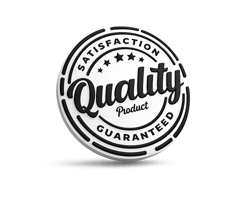 Black and white stamp-like graphic with 'Quality Product Guaranteed' text on a white background