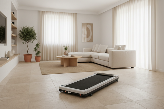 Compact treadmill in a living room setting with a couch and window in the background.