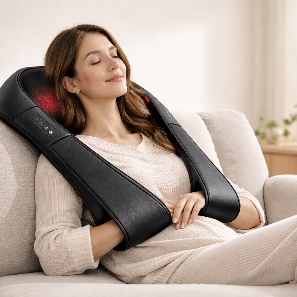 Woman using a handheld massager on her back in a living room setting.
