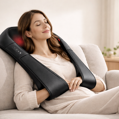 Woman using a handheld massager on her back in a living room setting.