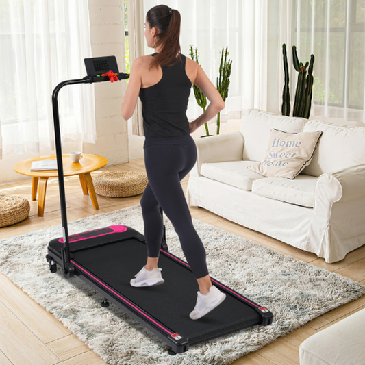 Woman using a treadmill in a living room setting